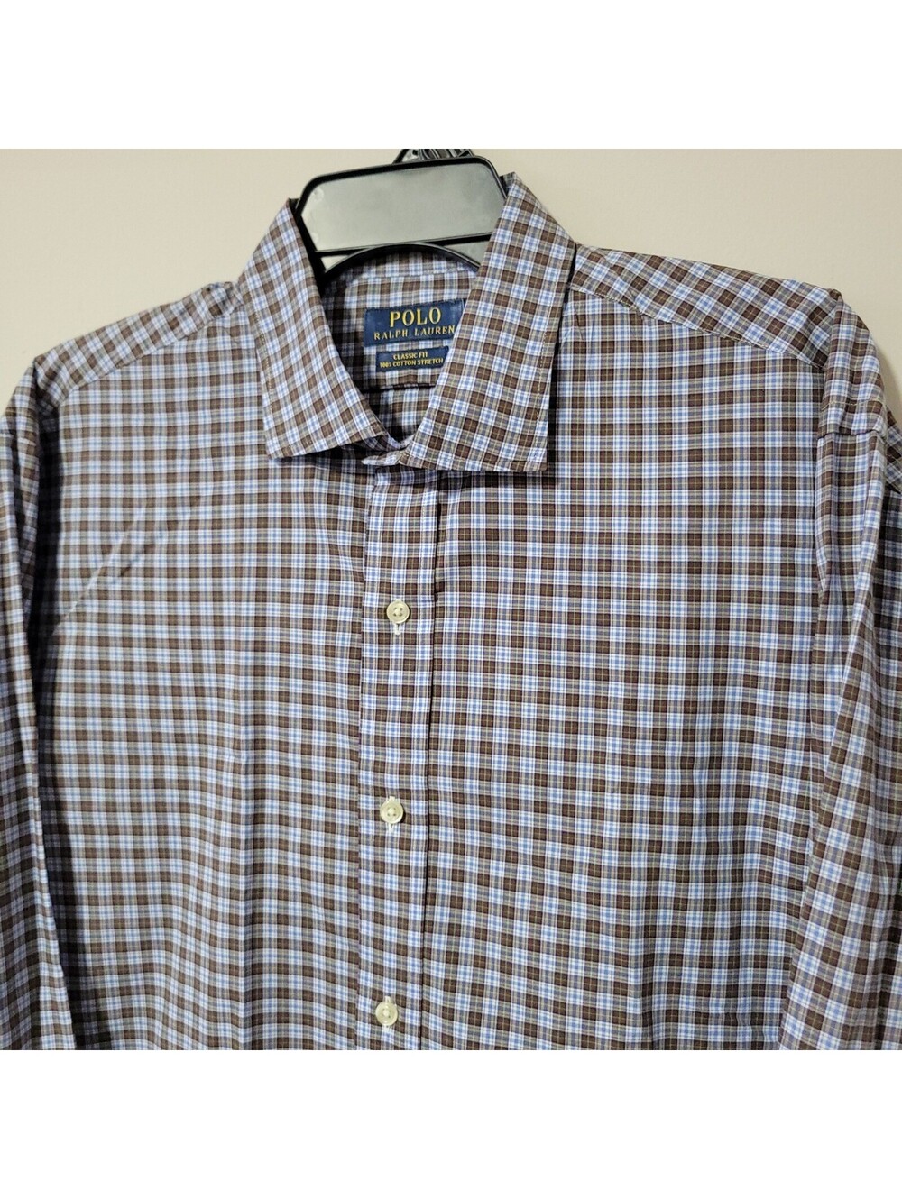 Polo Ralph Lauren Classic Fit Shirt Mens XL Blue Brown Check Cotton Stretch